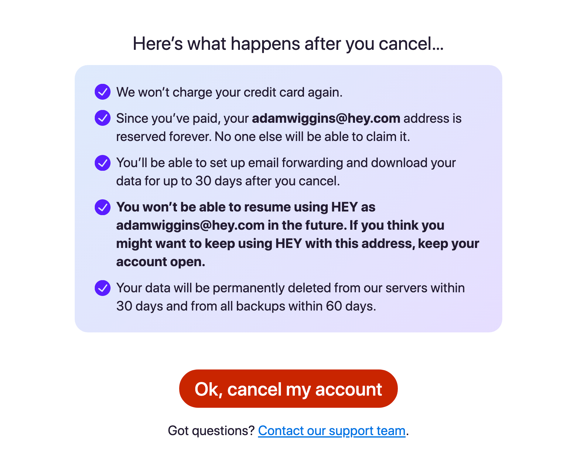 canceling your subscription on HEY